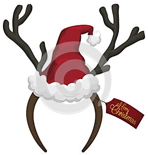 Festive Reindeer Headband, Santa`s Cap with Christmas Greeting Tag, Vector Illustration
