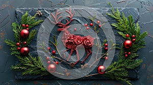 Festive Reindeer made of Fir Branches and Red Baubles on a Black Stone for Christmas Concept