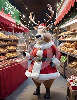 Festive Reindeer in Santa Outfit at Market