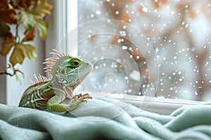 Festive Reptilian Charm: Iguana in a Cozy Christmas Atmosphere. Generative ai