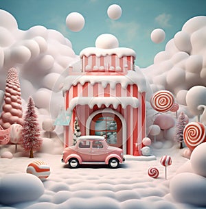 festive retro christmas gift snow candy winter merry car holiday. Generative AI.