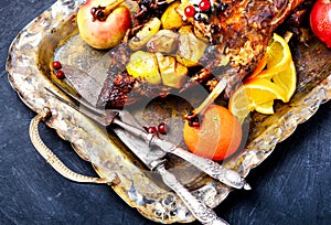 Festive roast duck with orange and cranberries