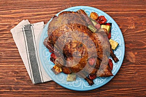 Festive roast duck with vegetables
