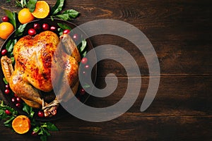 Festive roasted turkey adorned with cranberries and oranges, served on a rustic wooden table, evoking holiday warmth and photo