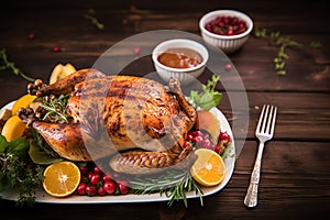 Festive Roasted Turkey with Colorful Vegetables, A Delicious Holiday Feast. created with Generative AI
