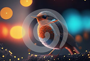 Festive robin bird with bokeh fairylights. Generative Ai