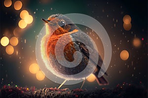 Festive robin bird with bokeh fairylights. Generative Ai