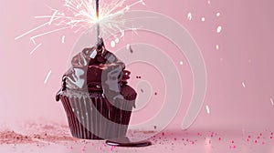 Festive Romance: Chocolate Cupcake with Sparkler on Pink Background