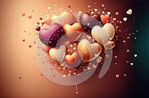 Festive romantic background with balloon hearts and confetti Valentine\'s Day or greetings. Generative AI.