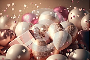 Festive romantic background with balloons hearts and confetti