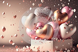 Festive romantic background with balloons hearts and confetti