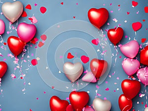 Festive Romantic Background with Balloons Hearts and Vonfetti Valentine\'s Day, Generative AI Illustration