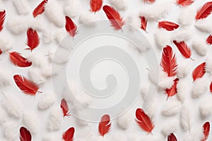 Festive romantic background with white and red feathers