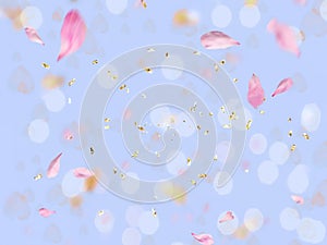 Festive romantic holiday blur background with golden elements ,flying hearts , petal copy space pink pastel  yellow light colored