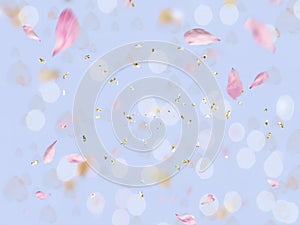Festive romantic holiday blur background with golden elements ,flying hearts , petal copy space pink pastel  yellow light colored