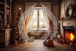 Festive Room View: Fireplace, Decorations, and Christmas Tree. AI