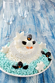 Festive salad penguins on an ice floe