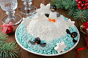 Festive salad penguins on an ice floe