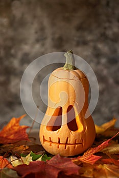 Festive scary halloween pumpkin on leaves on dark background