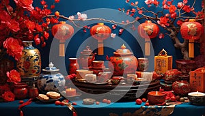 Festive scene of Chinese traditional festivals including Chinese New Year and Mid Autumn Festival