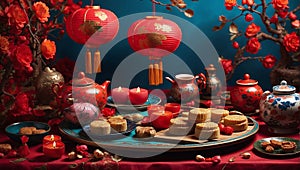 Festive scene of Chinese traditional festivals including Chinese New Year and Mid Autumn Festival