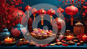 Festive scene of Chinese traditional festivals including Chinese New Year and Mid Autumn Festival