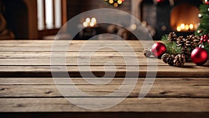 Festive background with wooden table and christmas decorations on Christmas tree.