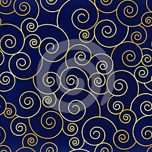 Festive seamless abstract pattern with golden swirls on blue velvet