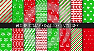 Festive seamless background with holly, bells, snowflakes, candycane lollipop. Christmas seamless patterns collection