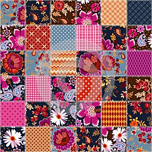 Festive seamless patchwork pattern with flowers and geometric ornaments. Quilting design. Blanket, pillowcase, wrapping design