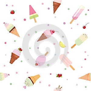 Festive seamless pattern background with paper cutout ice cream cones, fruits and polka dots. For birthday, scrapbook