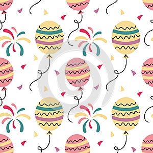 Festive seamless pattern, balloons, fireworks and confetti. Festive background, print vector