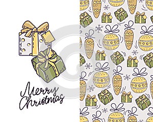 Festive seamless pattern with Christmas toys and gift boxes.  Christmas card with gifts and text. Vector