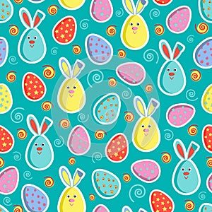 Festive seamless pattern with colored eggs and Easter bunnies. Vector illustration. Usable for design, packaging, wallpaper, texti