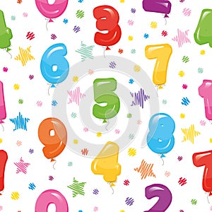 Festive seamless pattern with colorful balloon numbers and confetti. For birthday, baby shower, holidays design.