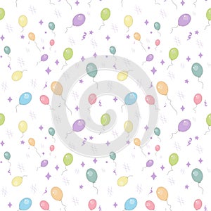 Festive seamless pattern with colorful balloons and confetti. For birthday, baby shower, holidays design.