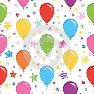 Festive seamless pattern with colorful balloons and confetti. For birthday, baby shower, holidays design.