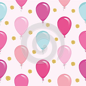 Festive seamless pattern with colorful balloons and glitter confetti. For birthday, baby shower, holidays design.