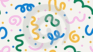 Festive seamless pattern in fun doodle style. Colorful confetti, swirls, bundle, hand drawn line shapes on beige