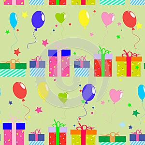 Festive seamless pattern with gift boxes and balloons