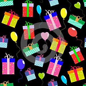 Festive seamless pattern with gift boxes and balloons