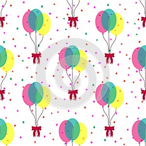 Festive seamless pattern with knitted bow balloons on confetti background. Polka dot print. Vector illustration