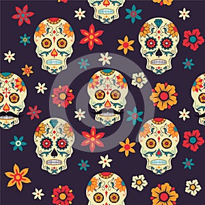 Festive seamless pattern Mexican Day of Dead with sugar skull. flowers.