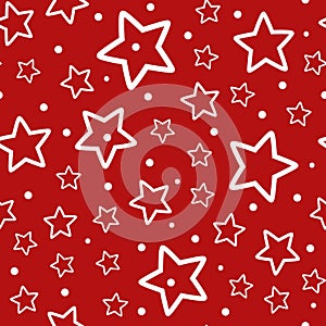 Festive seamless pattern. Repeated outlines of white stars and polka dots on red background.