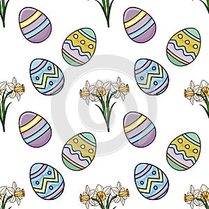 Festive seamless vector pattern featuring colorful Easter eggs and delicate daffodils