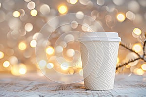 Festive Season Coffee Cup on Wooden Surface with Blurred Christmas Lights Background