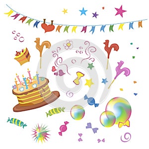 Festive set of elements with cake, multi-colored flags, sweets, stars, toys, soap bubbles, flowers photo