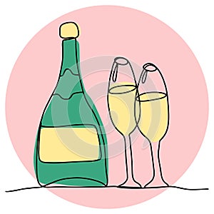 A festive set of wine bottles, champagne and glasses on a pink background. Vector