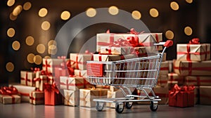 Festive Shopping Cart Overflowing with Gifts