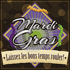 Festive Sign with String Beads and Scroll Promoting Mardi Gras, Vector Illustration